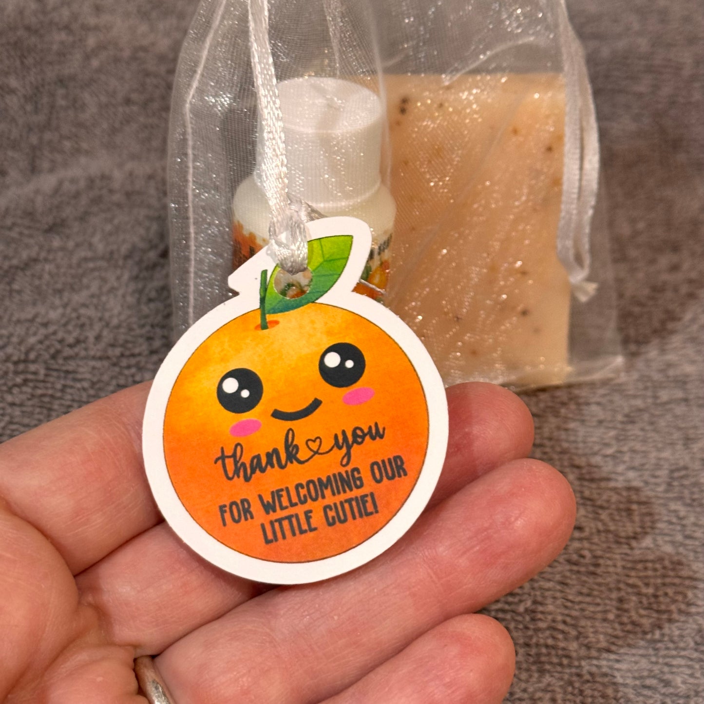 Smiling Orange Bliss: LITTLE CUTIE Baby Shower Soap + Hand Lotion Favor Bundle for Guests
