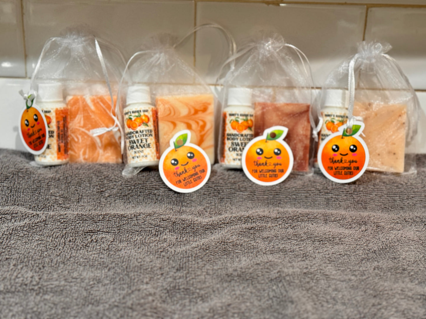Smiling Orange Bliss: LITTLE CUTIE Baby Shower Soap + Hand Lotion Favor Bundle for Guests