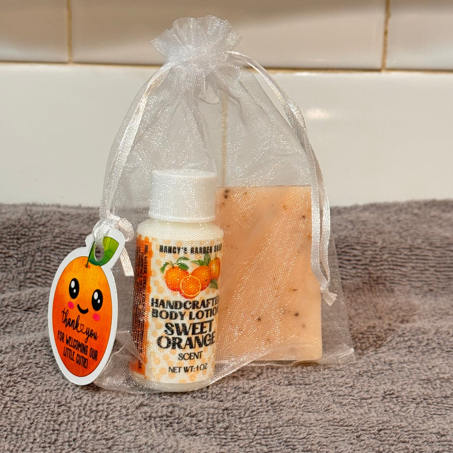 Smiling Orange Bliss: LITTLE CUTIE Baby Shower Soap + Hand Lotion Favor Bundle for Guests