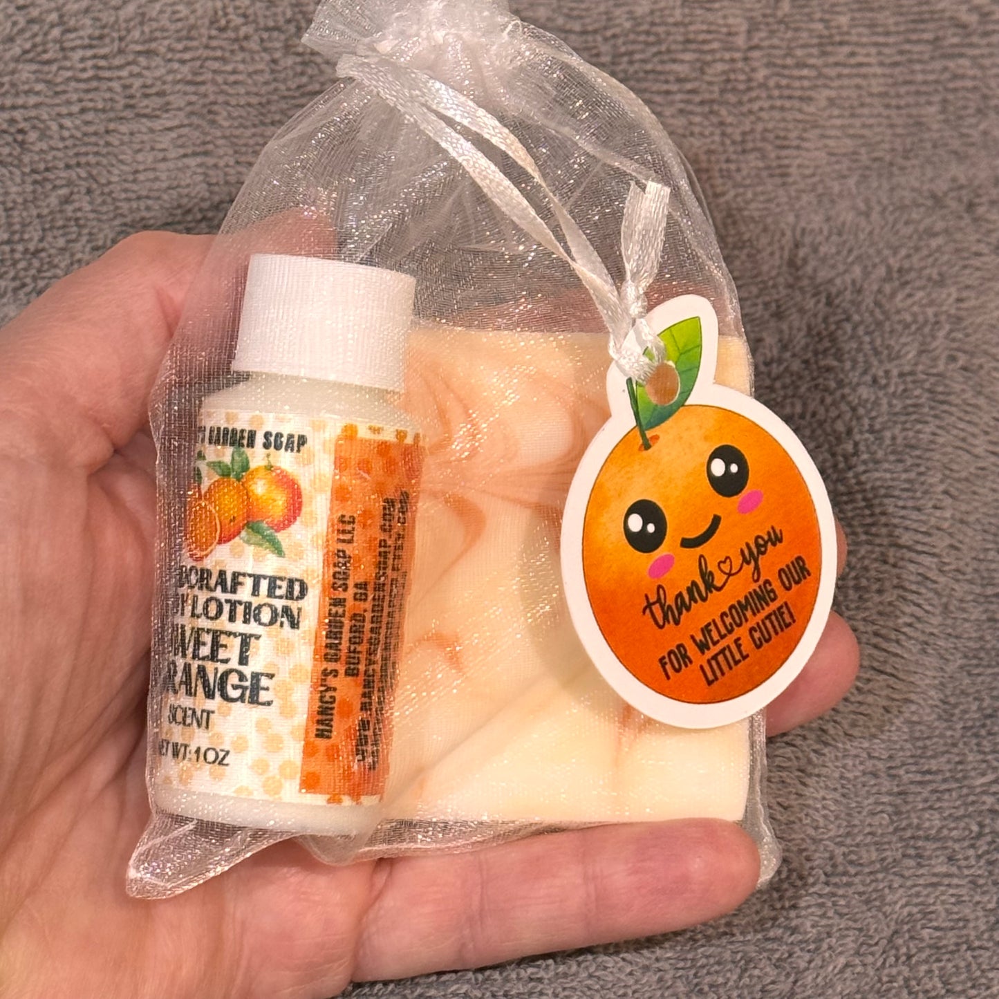 Smiling Orange Bliss: LITTLE CUTIE Baby Shower Soap + Hand Lotion Favor Bundle for Guests