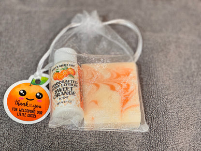 Smiling Orange Bliss: LITTLE CUTIE Baby Shower Soap + Hand Lotion Favor Bundle for Guests