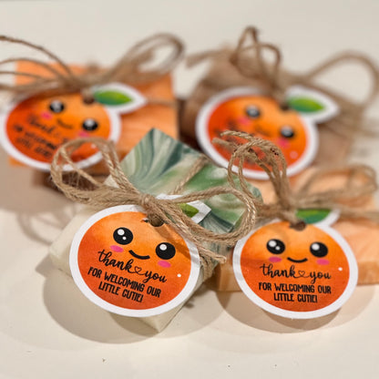 Twine wrapped Mini Soap Party Favors with custom tags