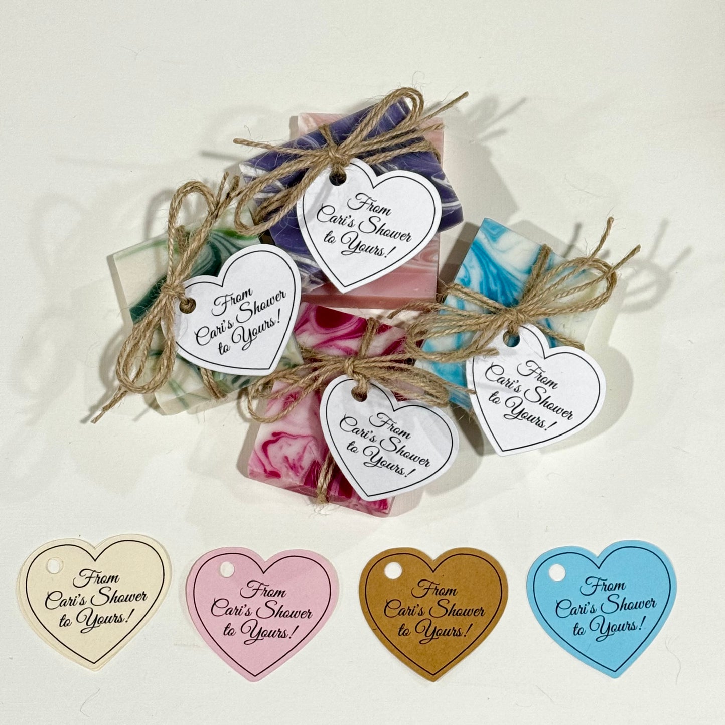Twine wrapped Mini Soap Party Favors with custom tags