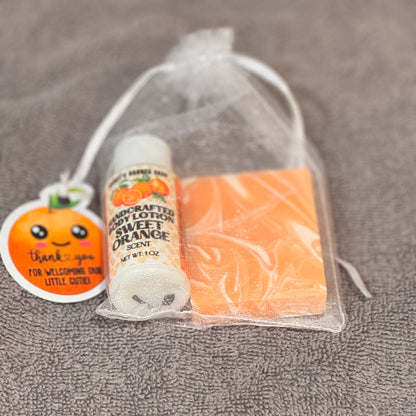 Smiling Orange Bliss: LITTLE CUTIE Baby Shower Soap + Hand Lotion Favor Bundle for Guests
