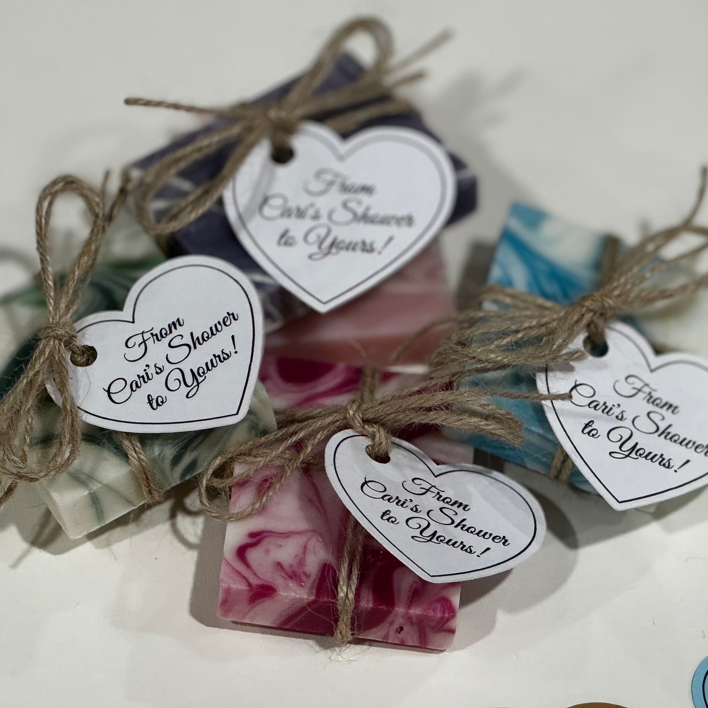Twine wrapped Mini Soap Party Favors with custom tags