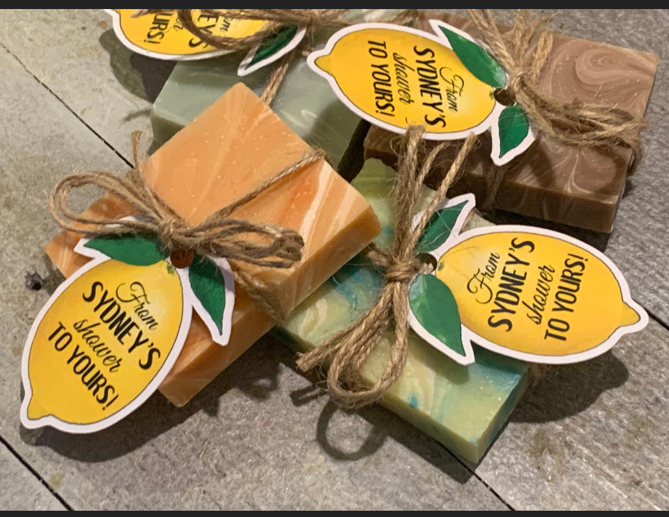 50 Lemon Squeeze Themed Mini Soap Shower Favors | twine wrapped soaps with custom tags for party guests | "She found her Main Squeeze" citrus bridal shower