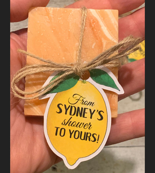 50 Lemon Squeeze Themed Mini Soap Shower Favors | twine wrapped soaps with custom tags for party guests | "She found her Main Squeeze" citrus bridal shower