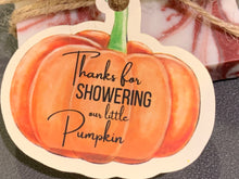 Load image into Gallery viewer, Pumpkin themed mini soaps wrapped in raffia with custom tags
