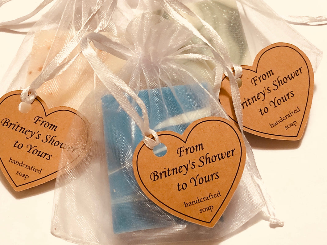 Mini soap shower favors in mesh bags with custom heart tag