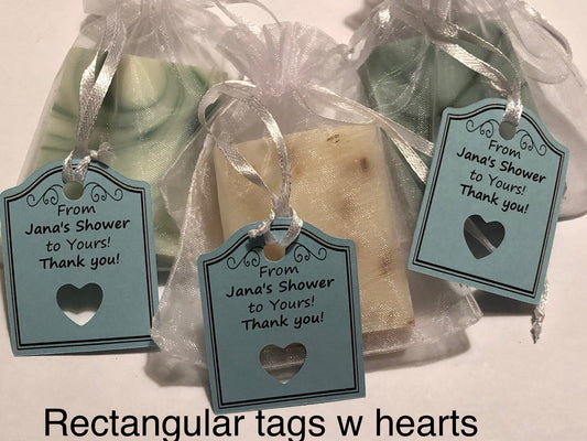 Mini soap shower favors in mesh bags with custom rectangular tags