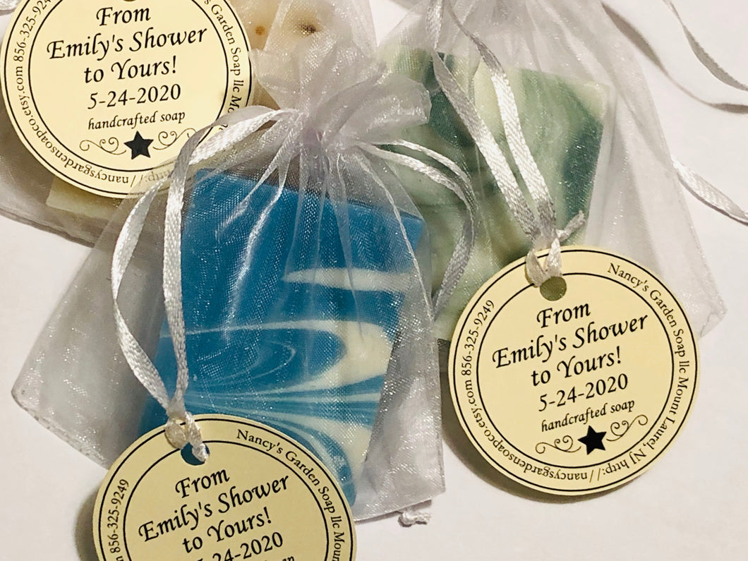 Mini soap shower favors in mesh bags with custom round tag
