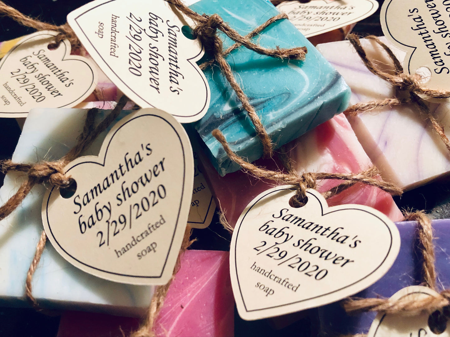 Twine wrapped mini soap shower favors with custom heart tag
