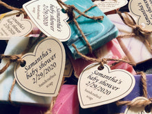 Load image into Gallery viewer, Twine wrapped mini soap shower favors with custom heart tag
