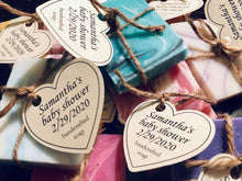 Load image into Gallery viewer, Raffia wrapped mini soap shower favors with custom heart tag
