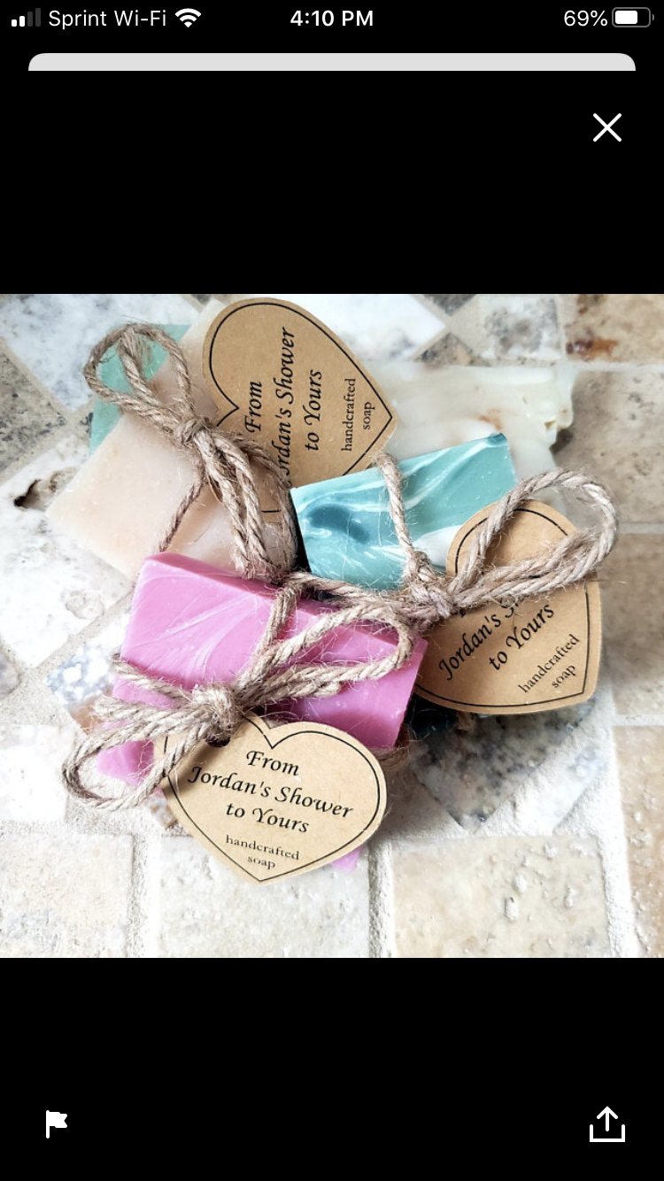 Twine wrapped mini soap shower favors with custom heart tag