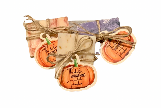 Pumpkin themed mini soaps wrapped in twine with custom tags