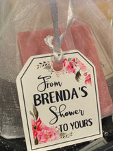 Load image into Gallery viewer, Mini soap shower favors in white mesh bags with pink floral tags
