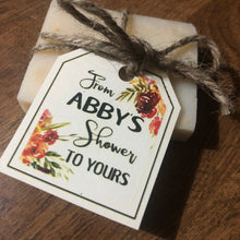 Load image into Gallery viewer, Twine wrapped mini soap shower favors with custom square tag
