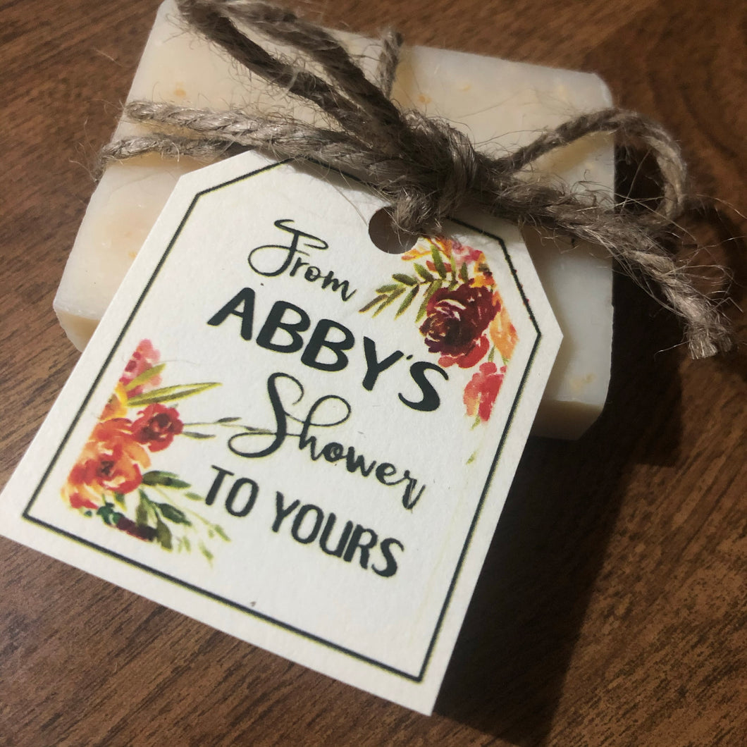 Twine wrapped mini soap shower favors with custom square tag