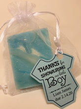Load image into Gallery viewer, Mini soap shower favors in mesh bags with custom baby onesie tags
