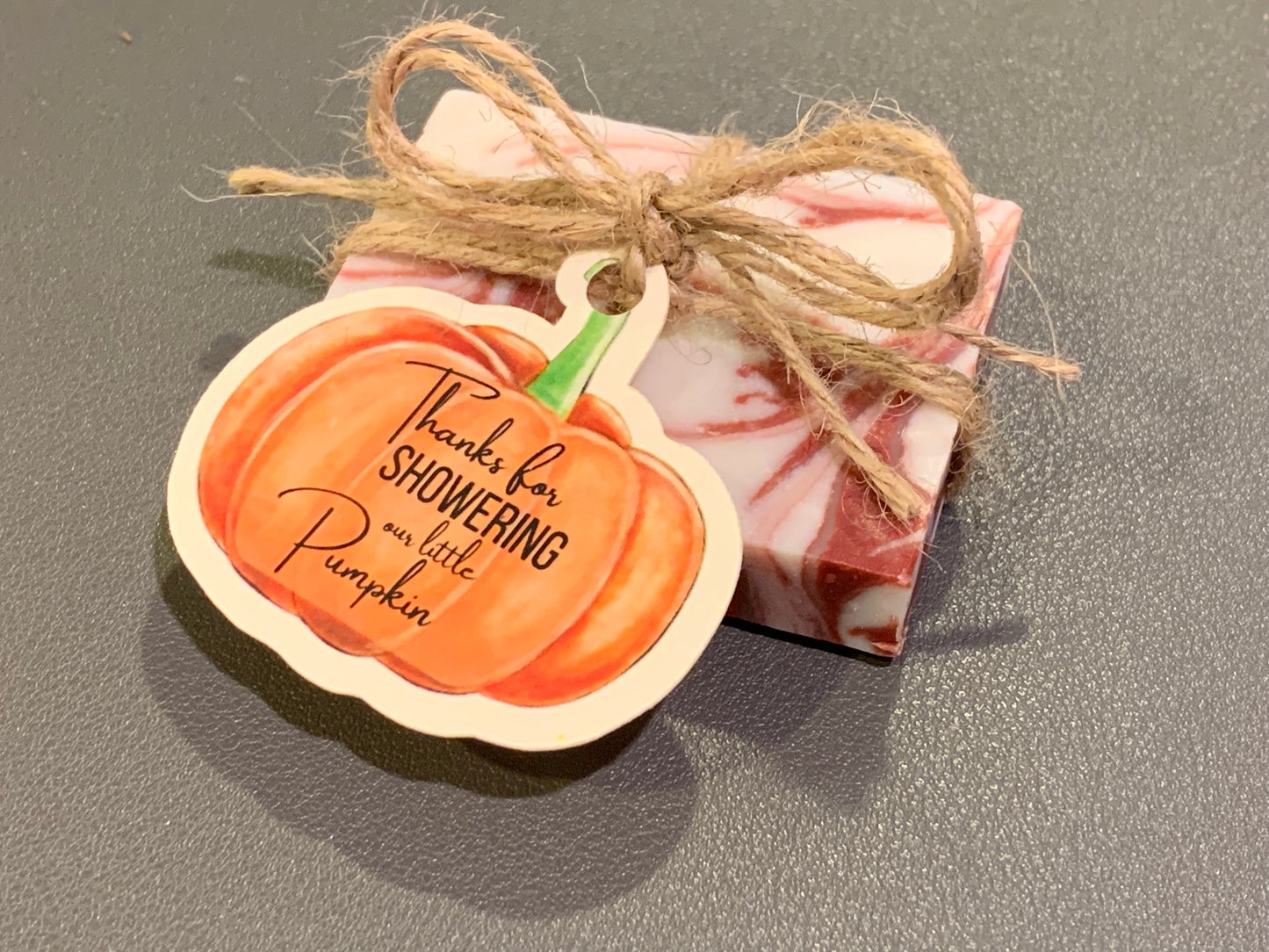Pumpkin themed mini soaps wrapped in twine with custom tags